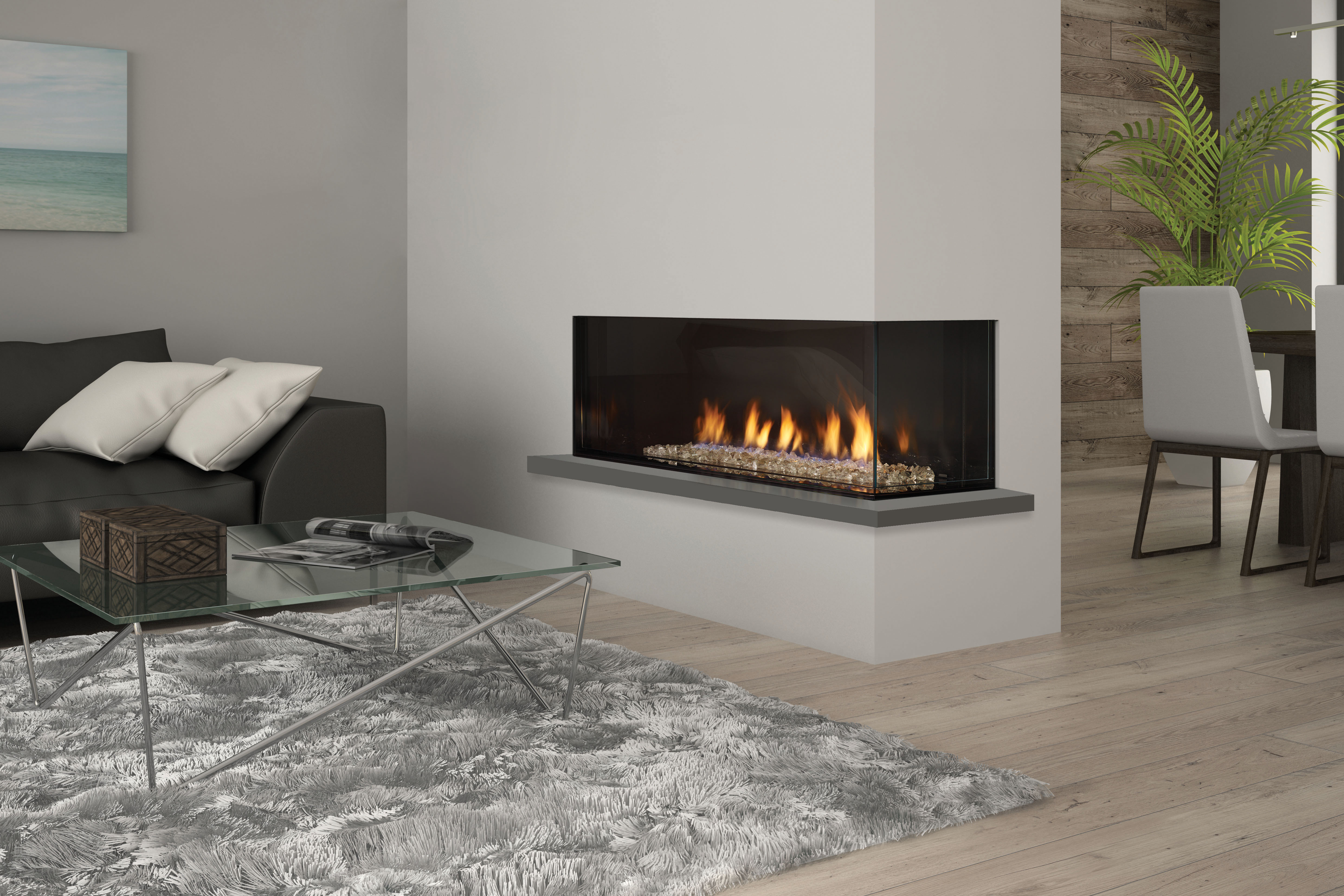 Regency Chicago Corner 40 gas fireplace, an L-shaped corner installation with two faces of frameless flame meeting at a clean inside edge