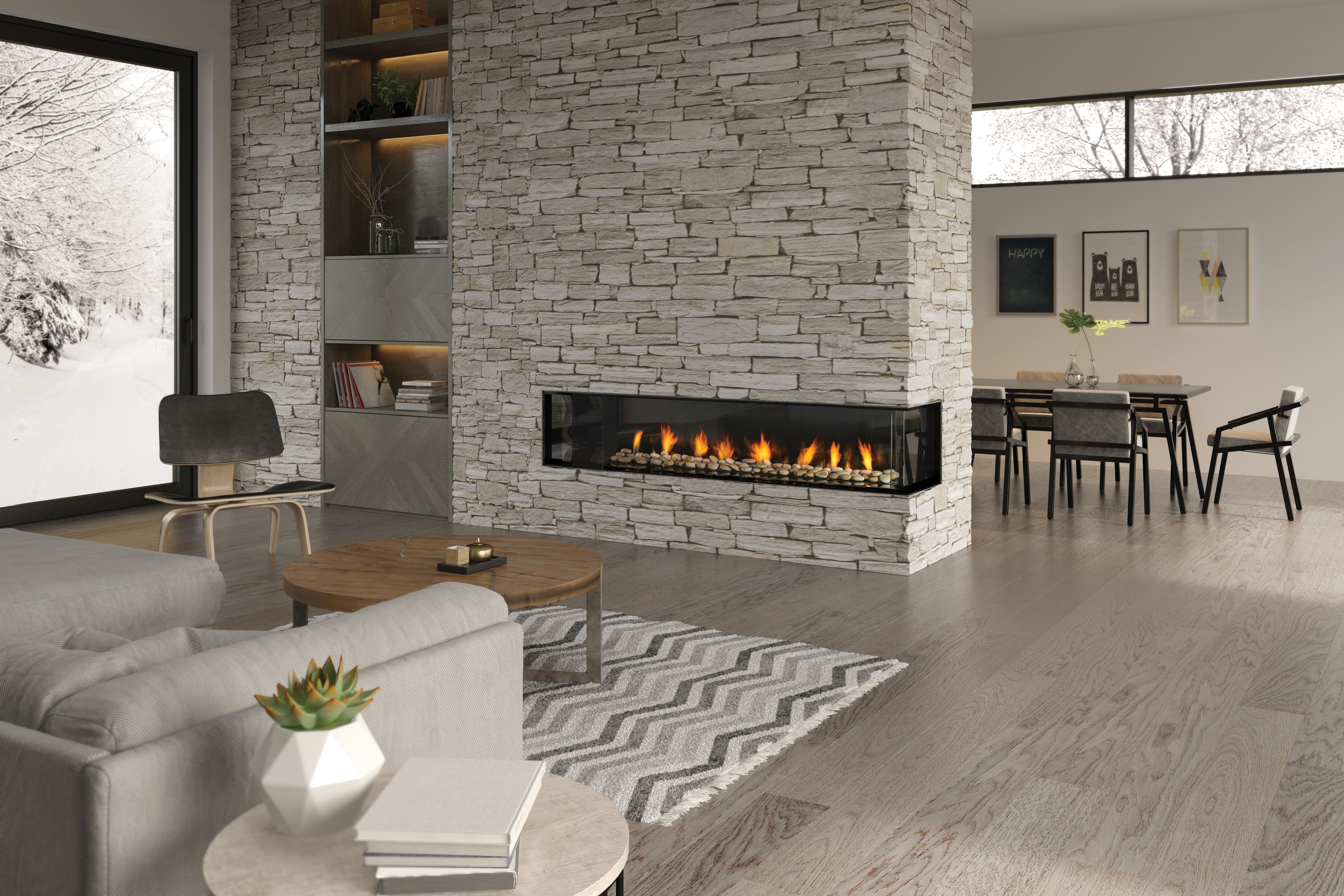 Regency City Series CB72E San Francisco Bay three-sided gas fireplace shown as a wide uninterrupted plane of flame, finishing material carried right to the edge of the frameless glass