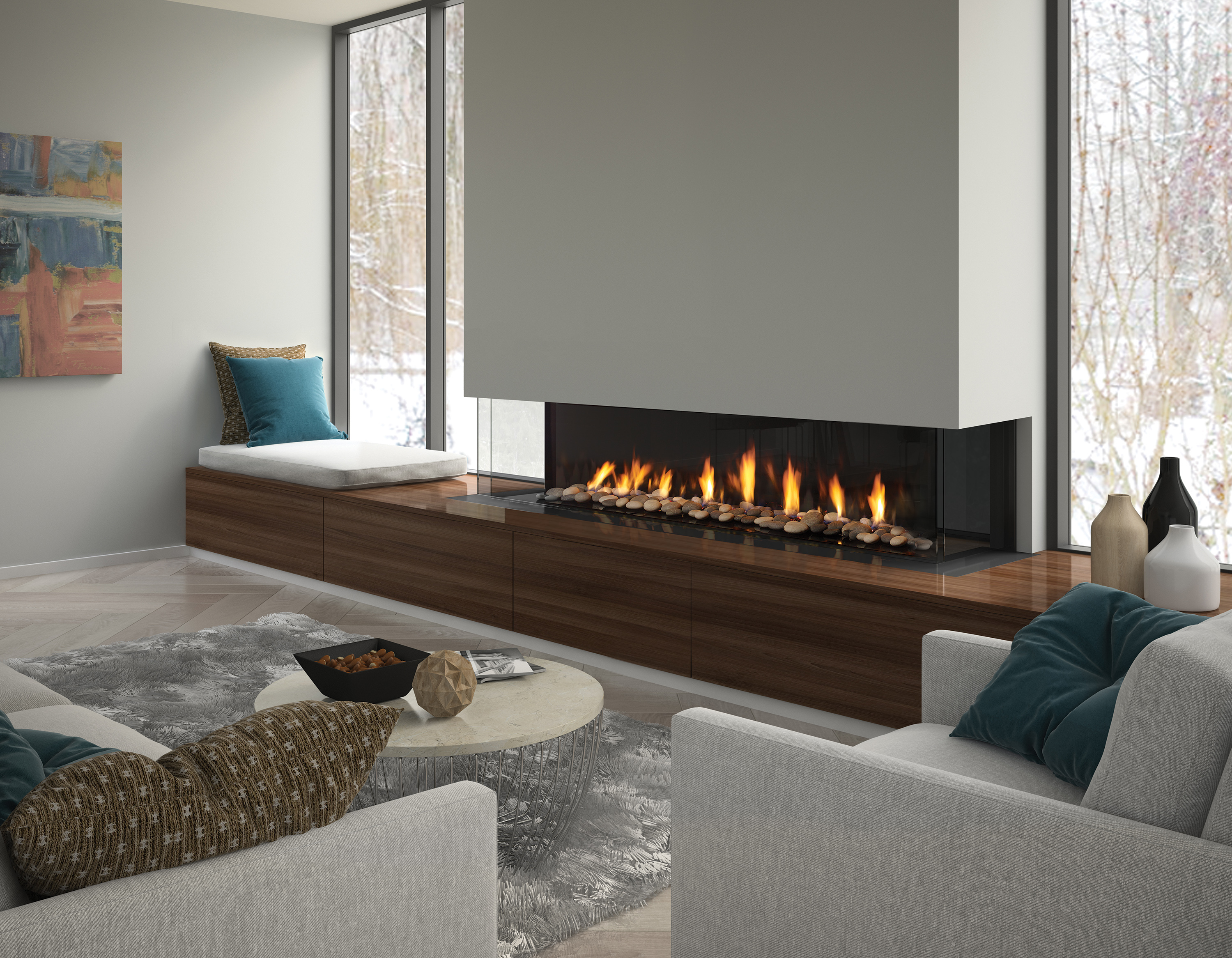 Regency City Series CB72EPV San Francisco Bay 72 with power venting, a wide three-sided plane of flame in a contemporary interior with the finish material carried seamlessly to the frameless glass