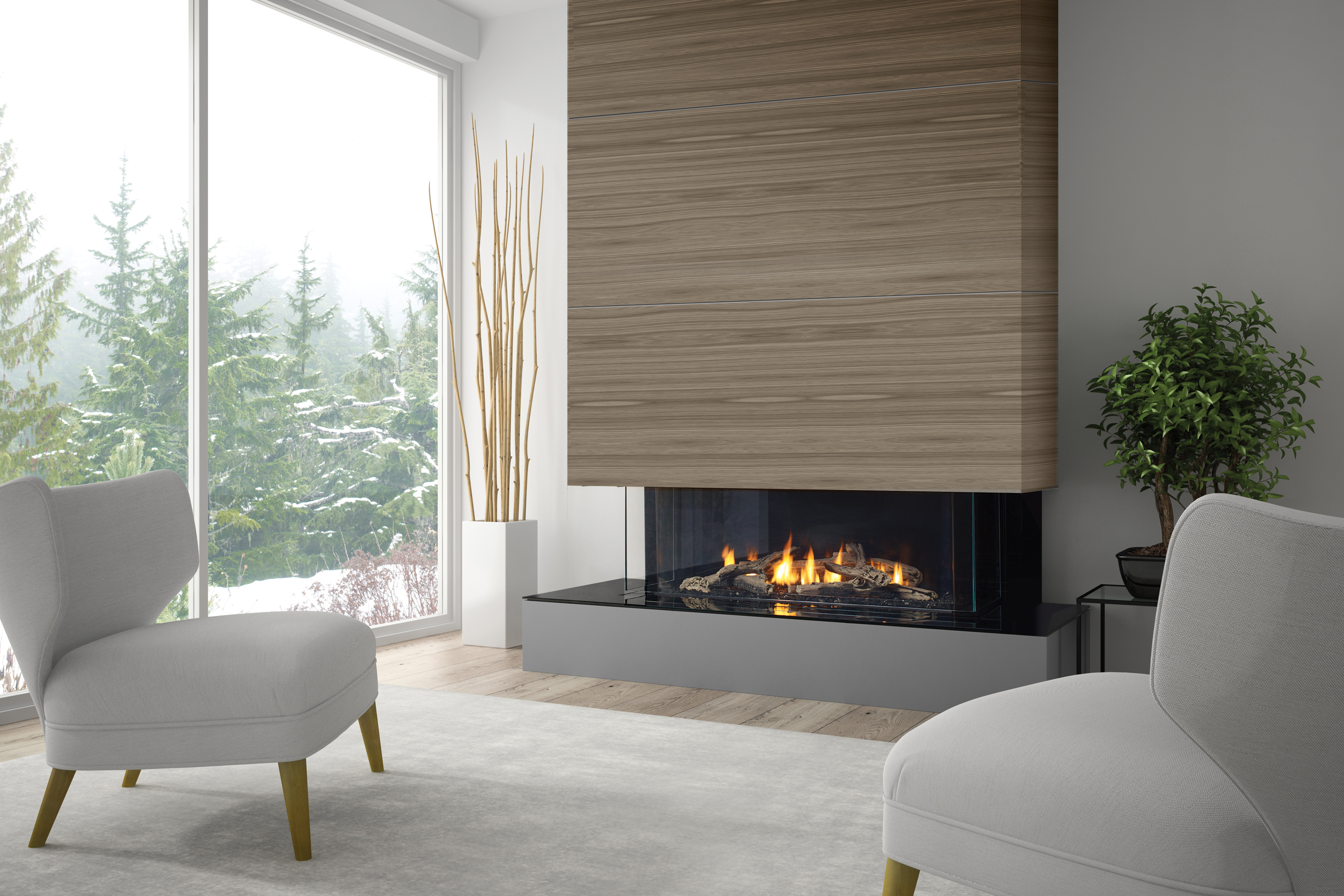 Regency San Francisco Bay CB40E three-sided gas fireplace, a peninsula of flame visible from three sides