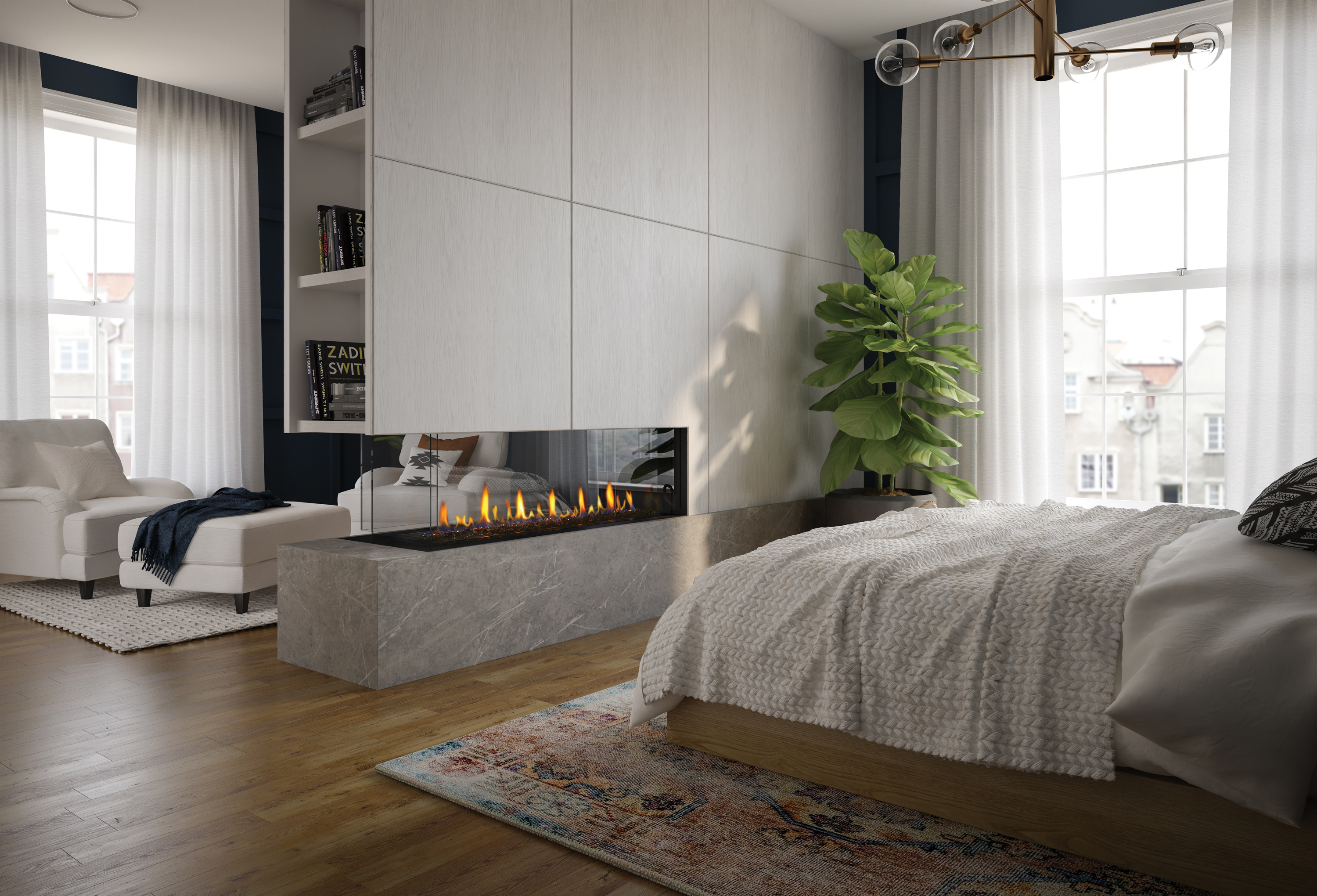 Regency Santa Monica Pier CP60E gas fireplace, a pier-style installation with flame visible across the end of a partition wall