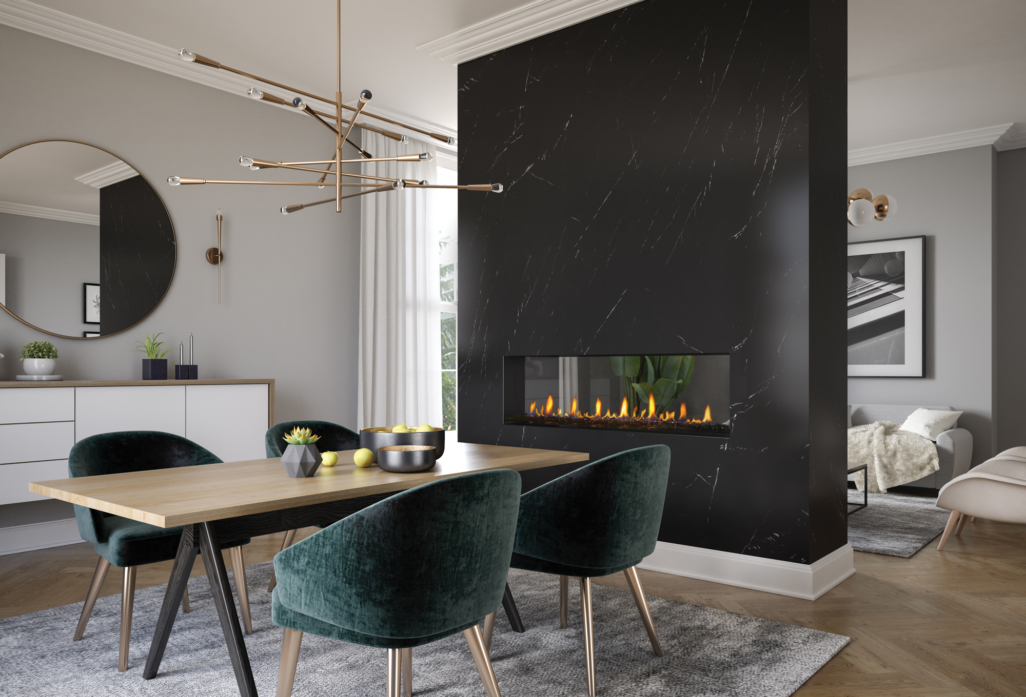 Regency Seattle See-Through CST60E gas fireplace dividing two rooms across a single horizontal plane of flame, visible from both sides