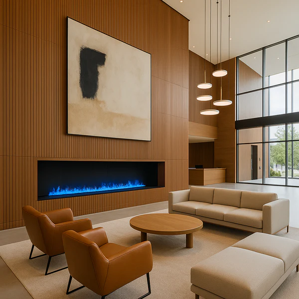 A long Aquafire linear water-vapour fireplace built into a warm wood-slat feature wall in a double-height modern lobby, its flame glowing blue beneath a large abstract painting, with leather chairs and cream sofas below