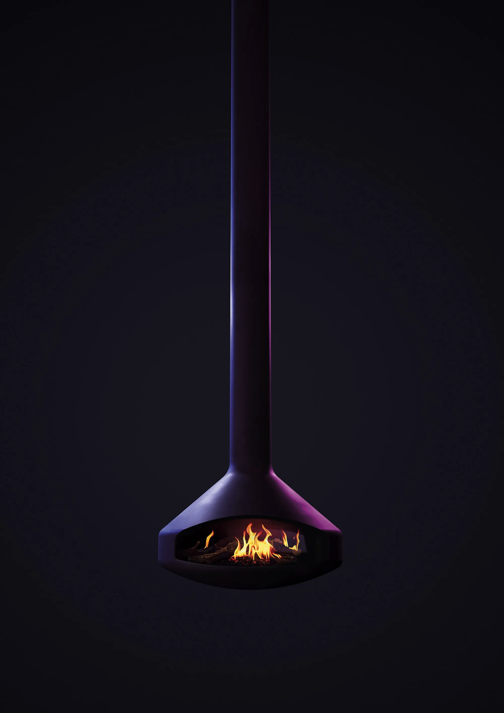 Ergofocus Holographik suspended fireplace shown on a dark background
