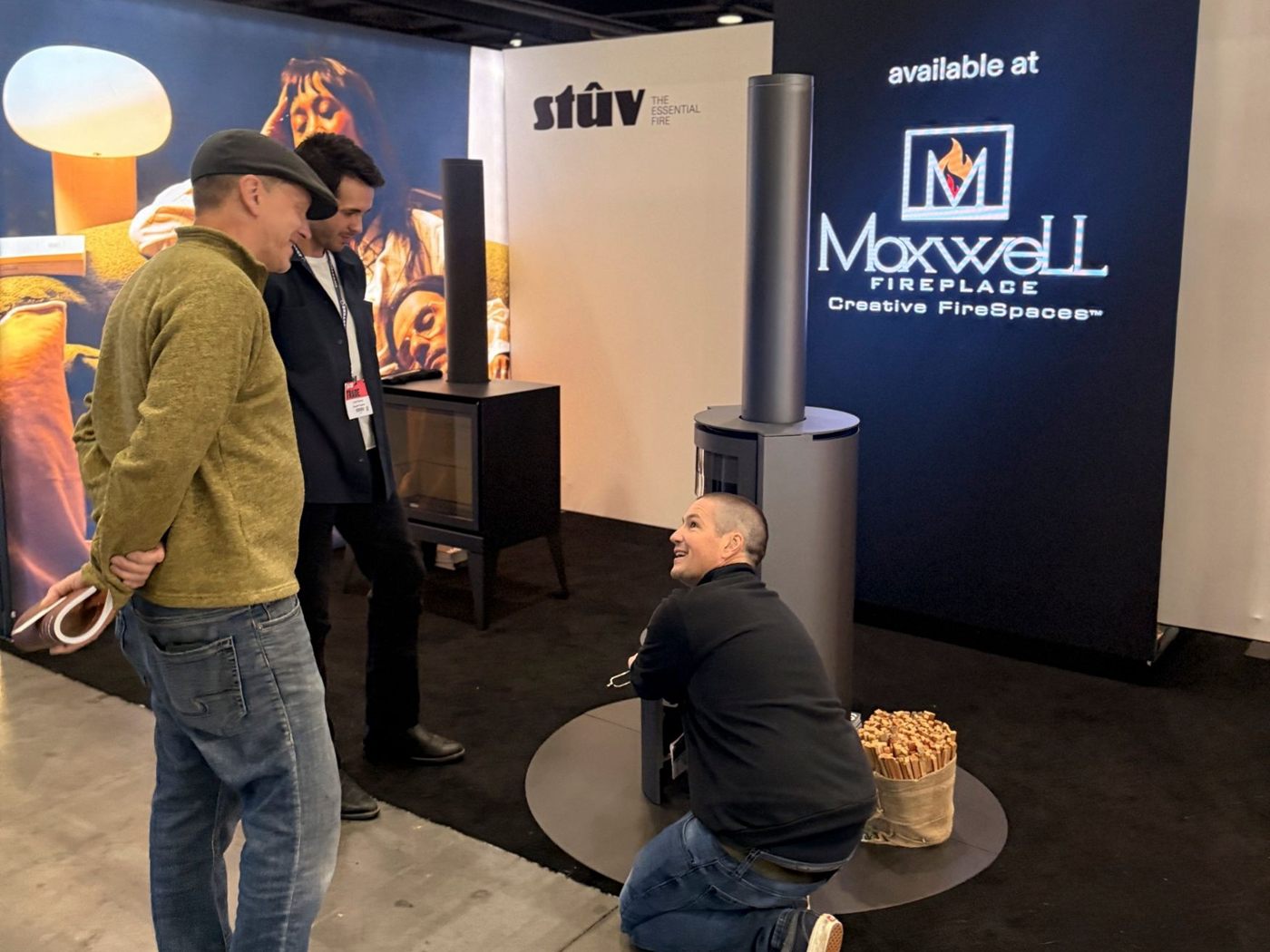 Samuel Choinière-Deslauriers of Stûv at the IDS Vancouver 2026 stand, beneath the “available at Maxwell Fireplace” sign