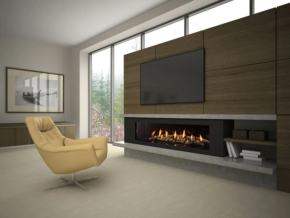 Long linear gas fireplace with a television mounted directly above on horizontal wood paneling