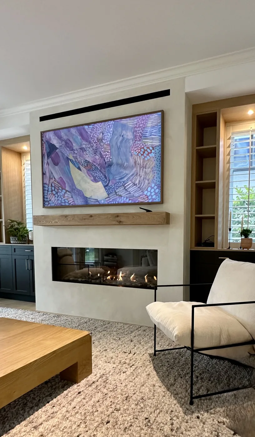 Regency New York View 60 installed in a light, plaster-finished living room with oak mantle, framed art TV, and built-in oak shelving