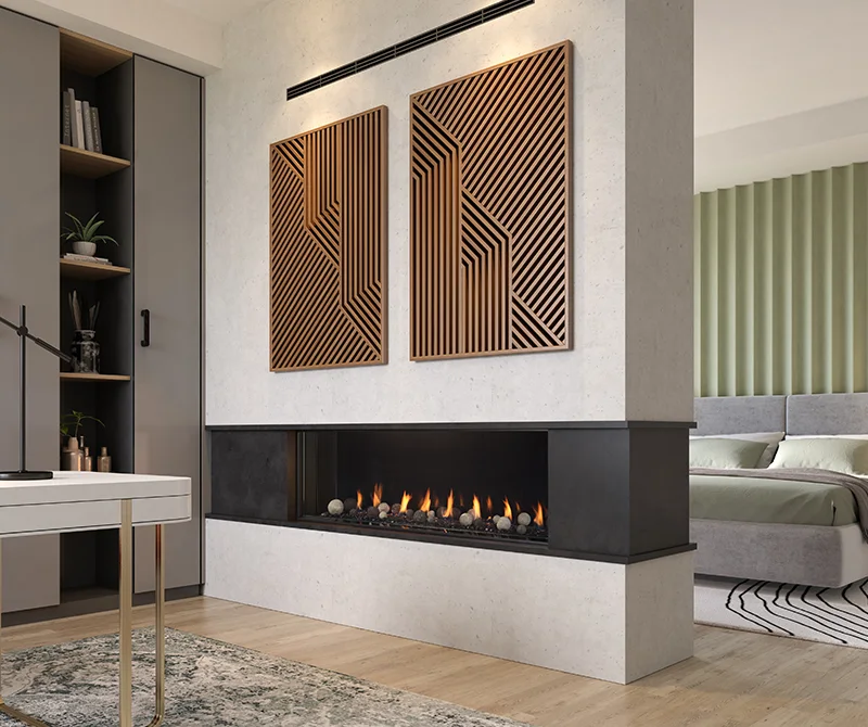 Regency New York View 60 installed in a contemporary room with concrete surround, black frame, and wooden geometric wall panels above