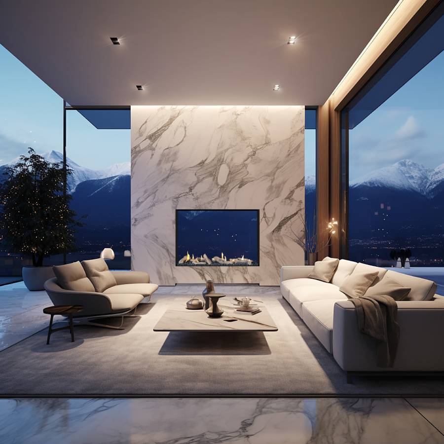 Ortal Indoor-Outdoor 110HH see-through gas fireplace set into a marble feature wall in a glass-walled living room, with snow-capped mountains visible through the fire and the windows beyond