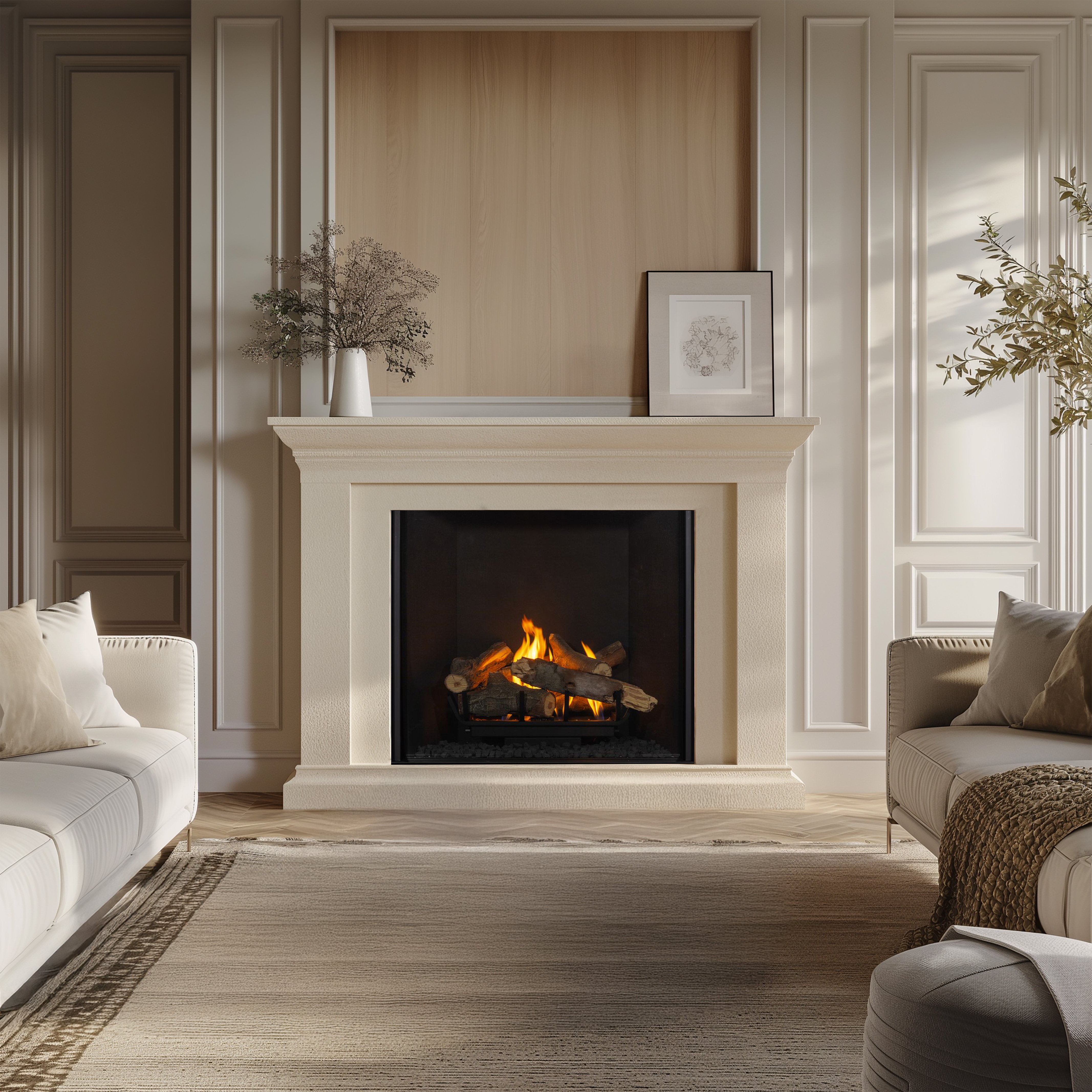 Ortal TR 36 gas fireplace with a realistic log set in a cream limestone mantel, set against panelled walls in a soft, traditional living room