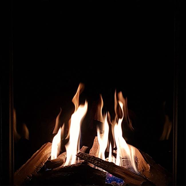 Close view through the Element4 Ovation&rsquo;s tall ceramic glass — tall amber flames rising from beneath and wrapping around a bed of true-to-nature cleaved wood logs, with embers glowing below