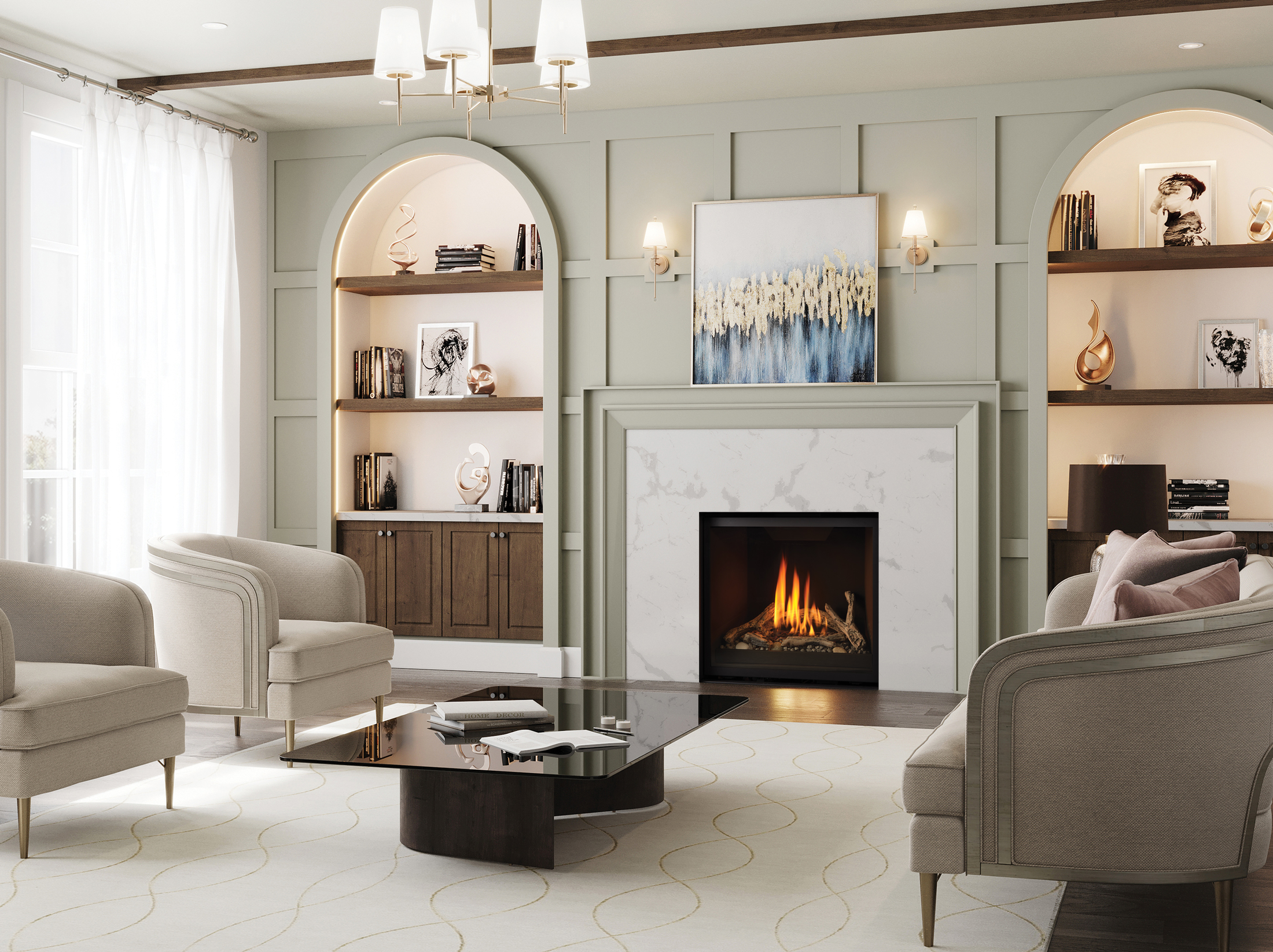 Regency Grandview G800 gas fireplace with a white marble surround and driftwood fire, framed by a sage panelled wall with arched lit built-ins and artwork above