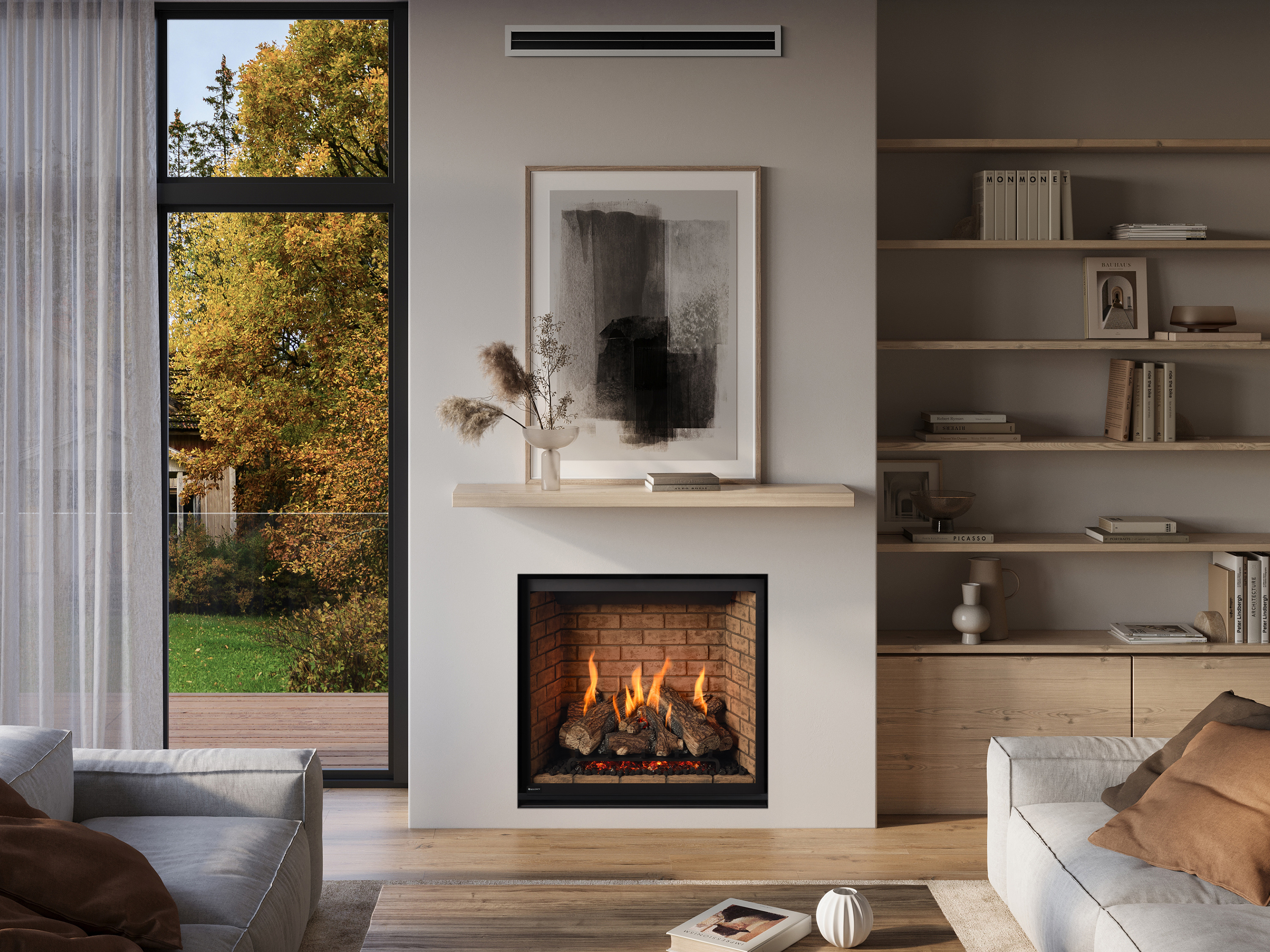 Regency Grandview G800 gas fireplace with a traditional log fire on a red-brick interior, a wood mantel and framed art above, in a warm modern living room with autumn windows