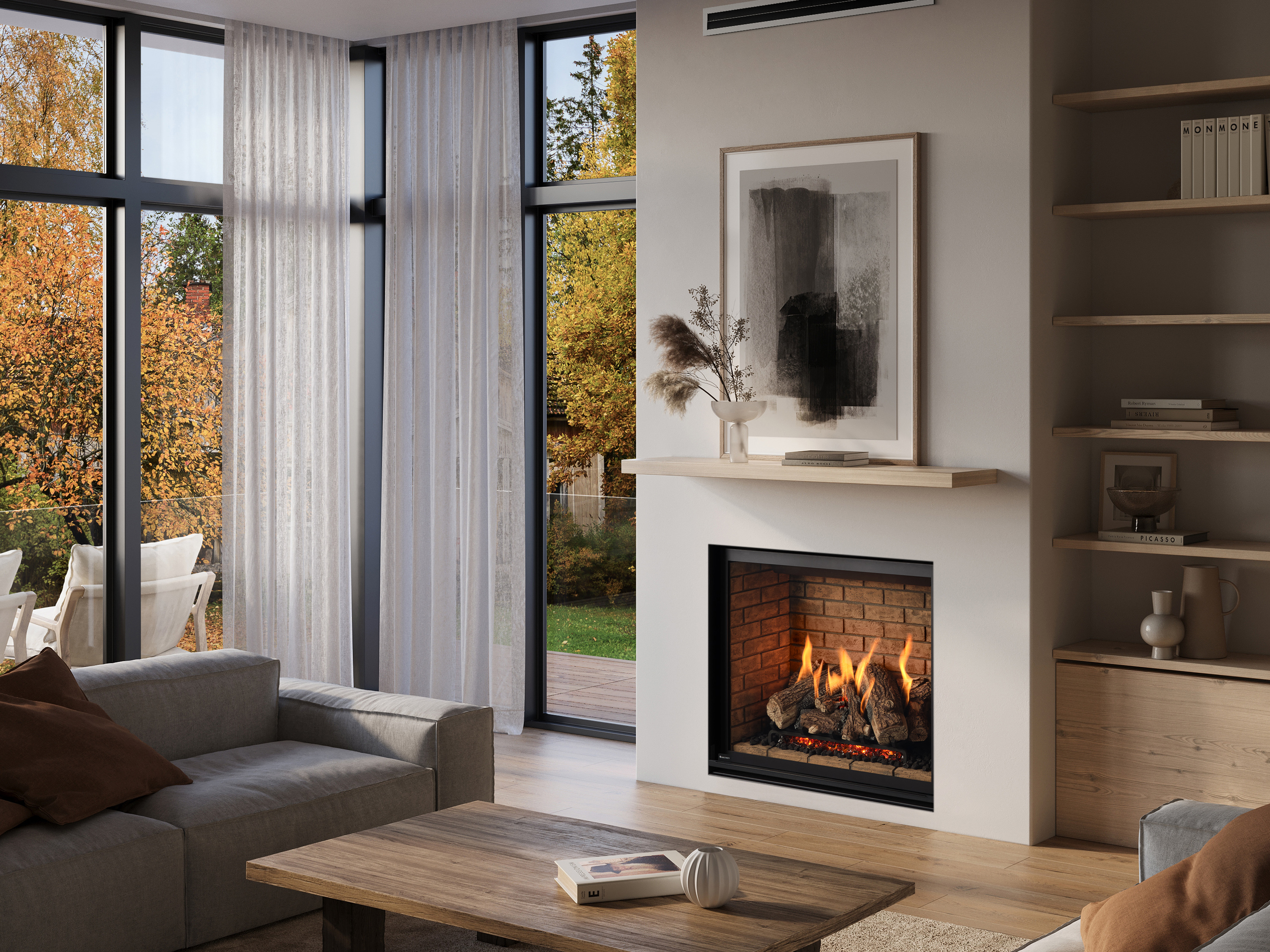Regency Grandview G800 gas fireplace with a traditional log set over a red-brick interior, in a modern room with a wood mantel and floor-to-ceiling autumn windows