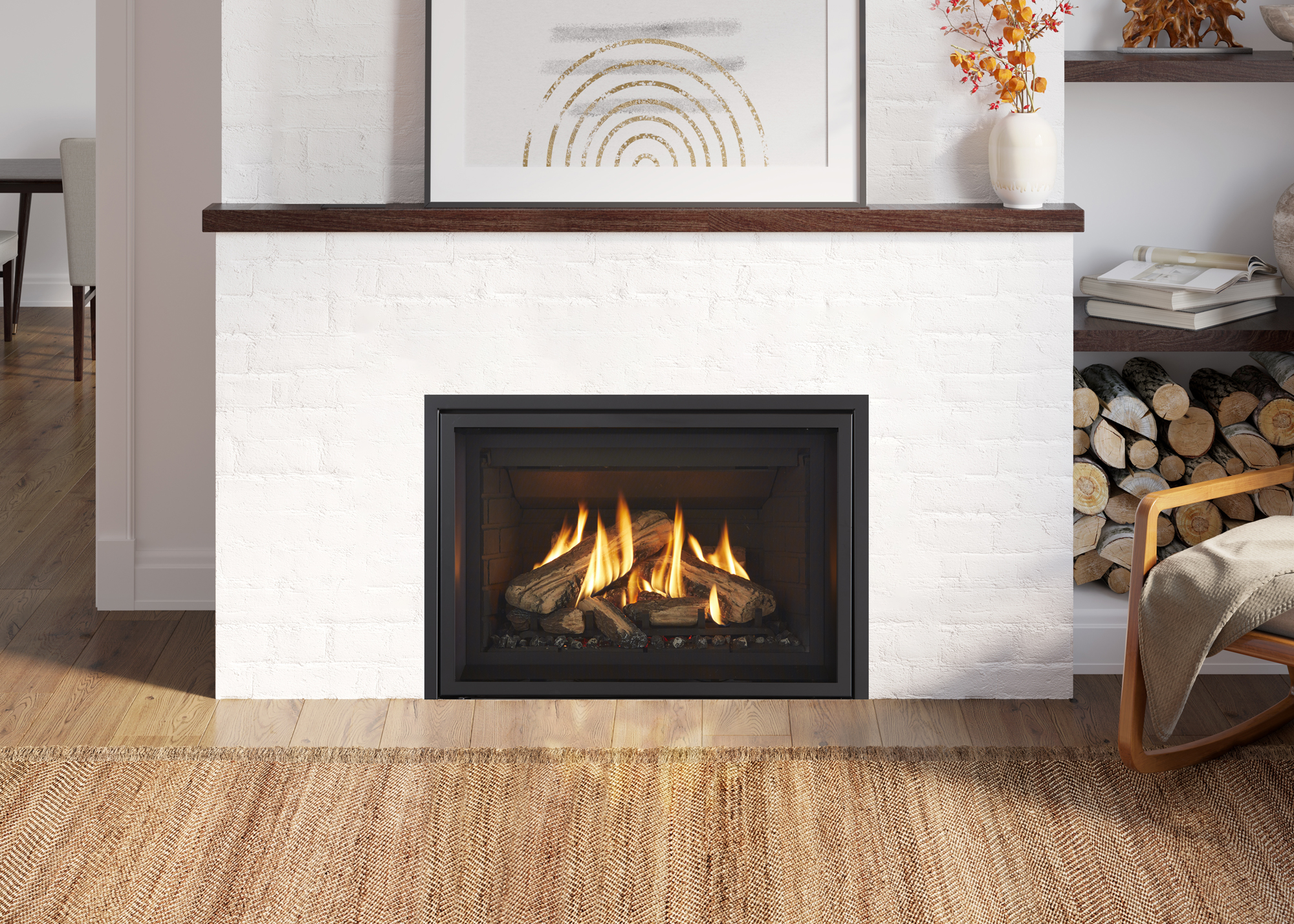 Regency Gi29LE gas insert set into a refaced white-brick fireplace with a reclaimed-wood mantel, a built-in log store and an armchair alongside