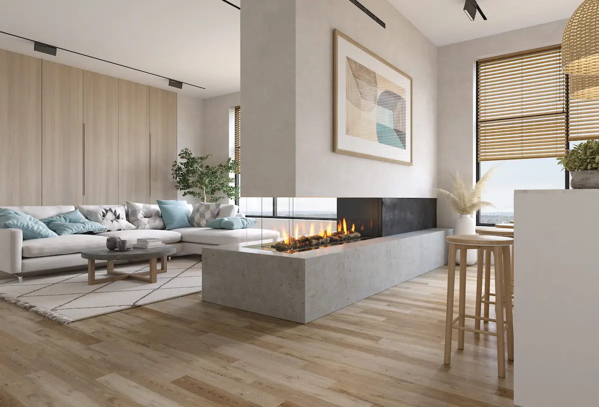 Modern peninsula fireplace in a luxury living room