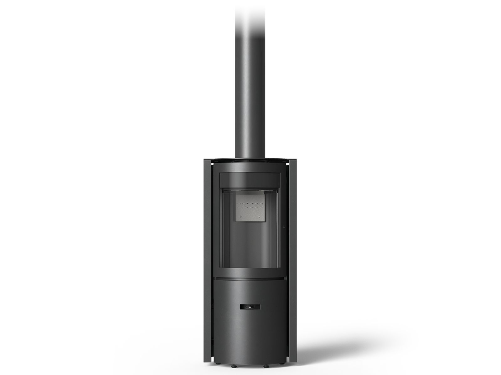 Stuv 30 Compact wood stove, a slim black steel drum on a round base with a flue pipe rising from it