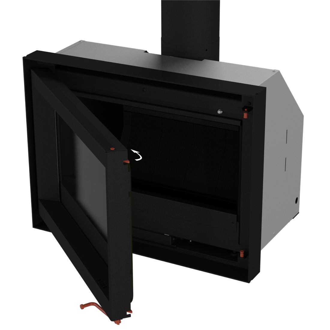 Stuv 6-in insert with its door swung open, showing the cast-iron combustion chamber, the hinged door and the flue connection on top