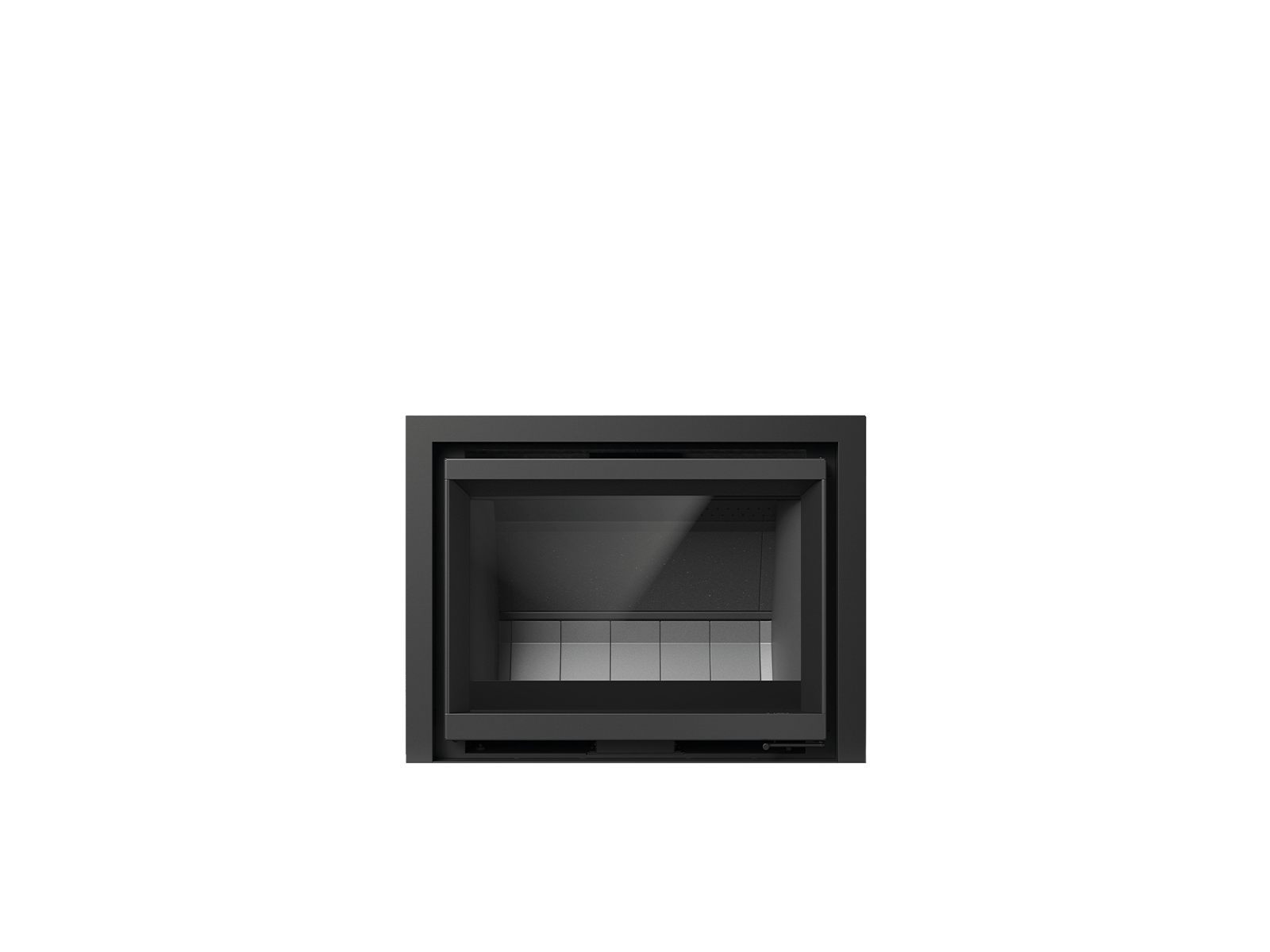 Stuv 6-in wood insert, a compact black steel insert with a wide glass door, shown against white