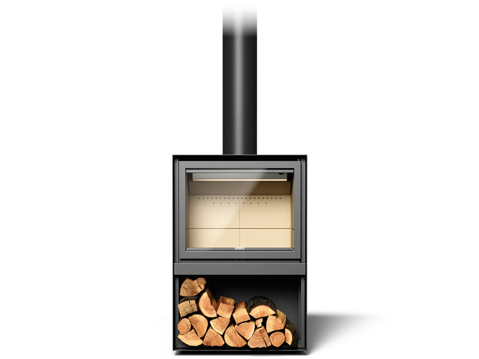 Stûv 16H wood stove on an H-base with integrated log storage