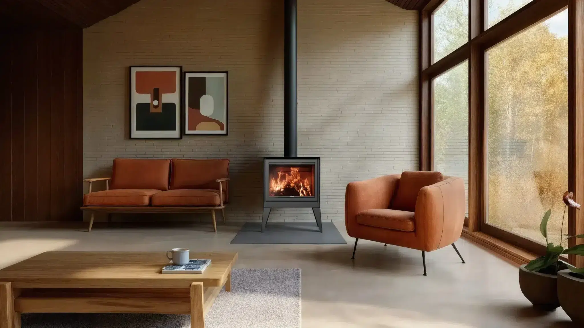 Stûv 16V wood stove in a mid-century modern room with terracotta sofa, abstract art, and floor-to-ceiling windows