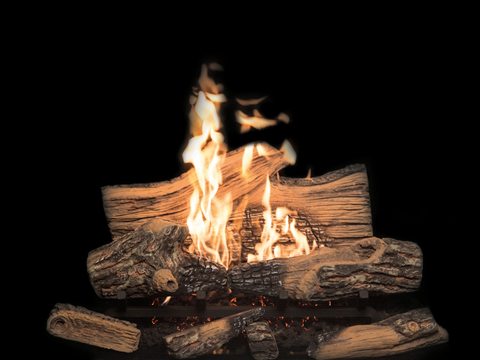 Town & Country Chalet burner: a heavy stack of oak logs with a large split log across the top and flames rising through the middle