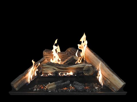 Town & Country Split Log Heritage burner: long split logs leaned together to a peak over a bed of embers and charred kindling