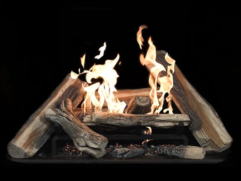 Town & Country Split Log burner: split hardwood logs with pale sawn faces and flames between them