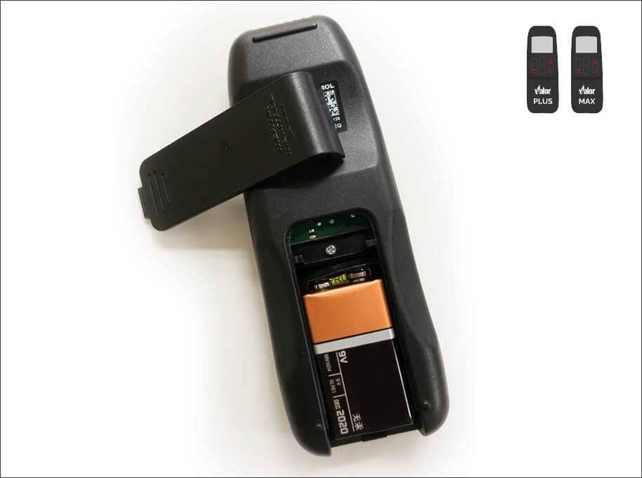 The back of a Valor Plus or Max remote with the battery cover off, showing a 9V battery