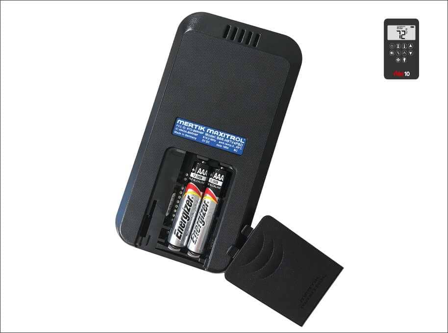 The back of a Valor 10 remote with the battery cover off, showing two AAA batteries