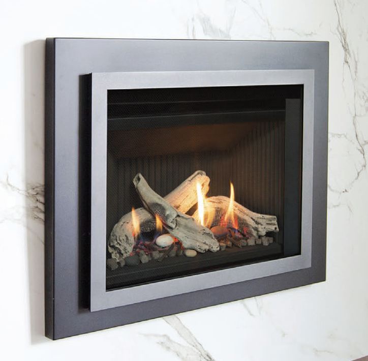 Valor G3.5 700XN gas insert with driftwood log set and clean dark trim front against a marble surround