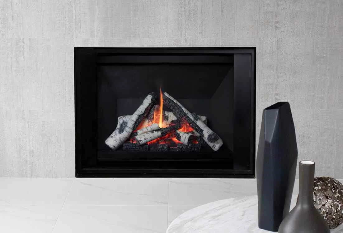 Valor H3 fireplace with birch log set and architectural surround