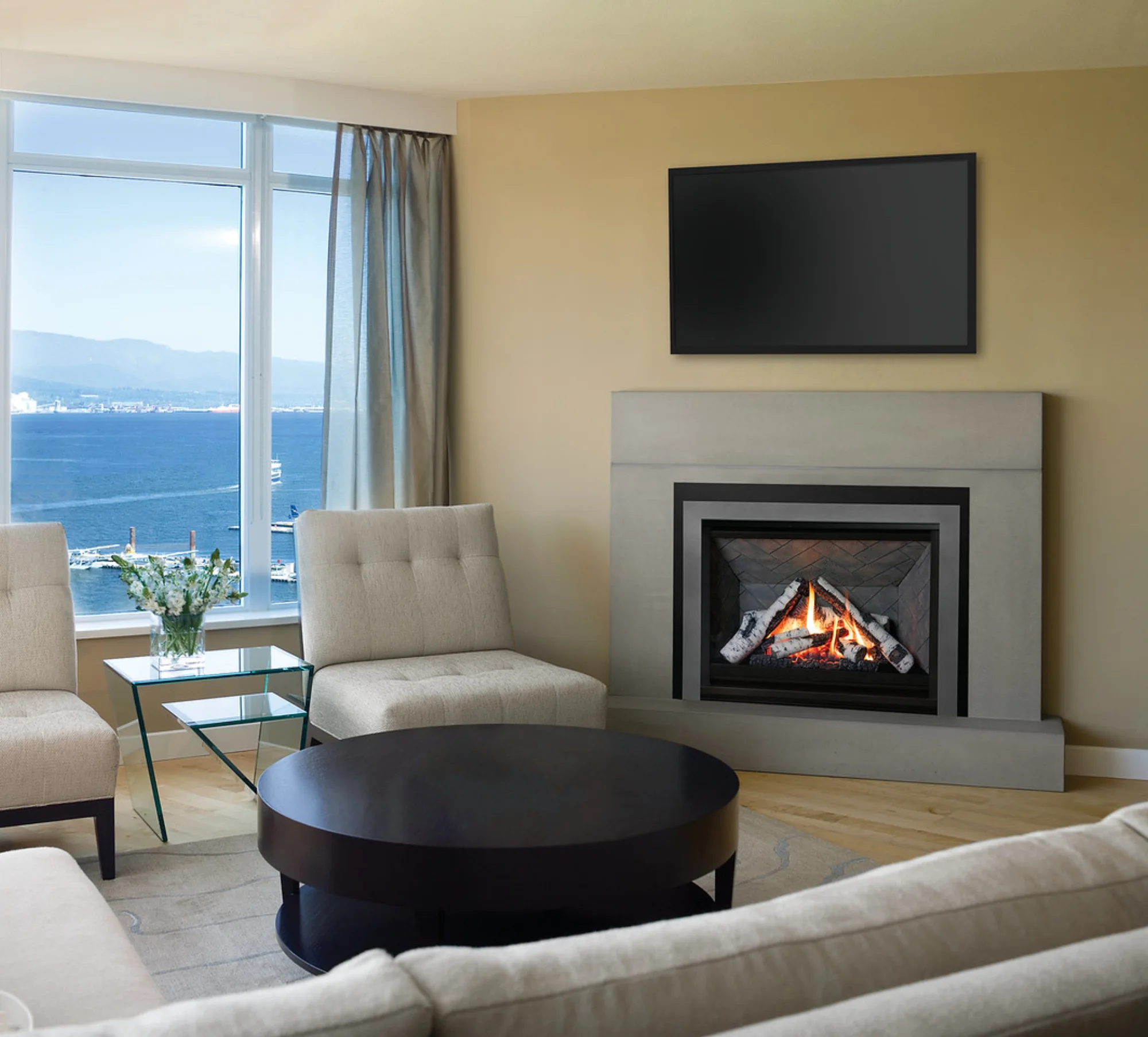 Valor H3 fireplace in a Vancouver condo with harbour view